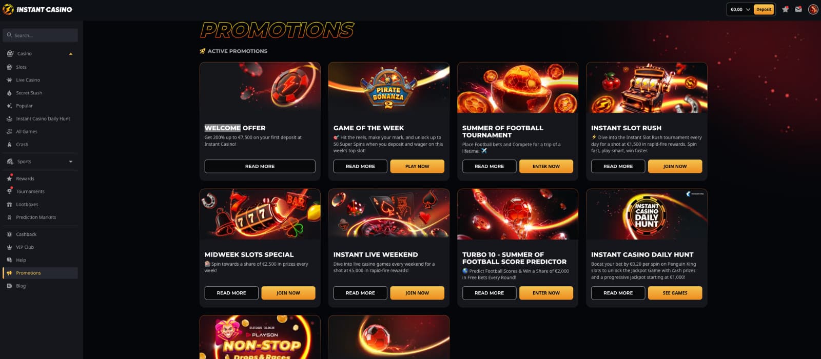 Instant Casino promotions page showing the active bonus offers, including the welcome offer, Game of the Week, Instant Slot Rush, Midweek Slots Special, and Instant Casino Daily Hunt