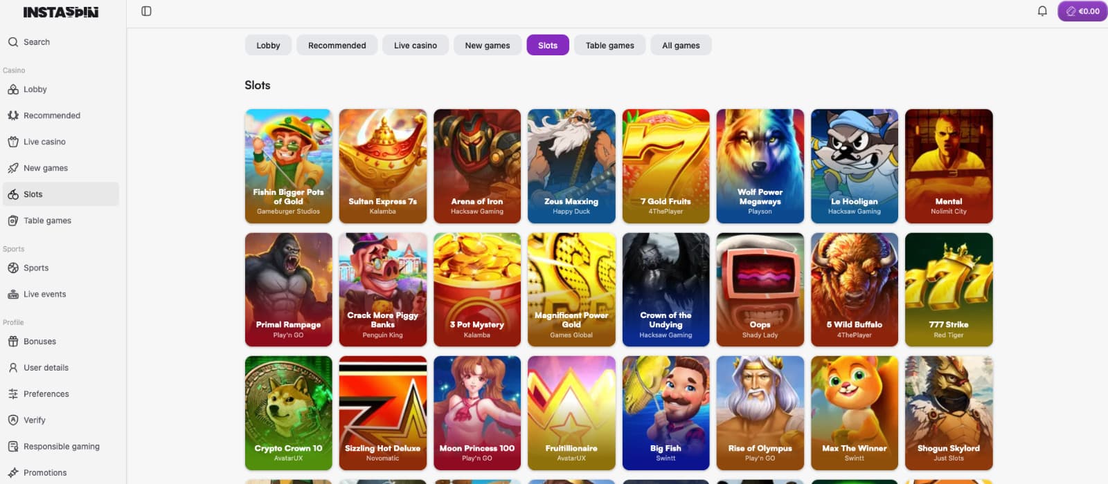 Instaspin Casino games page displaying multiple slot-game thumbnails.