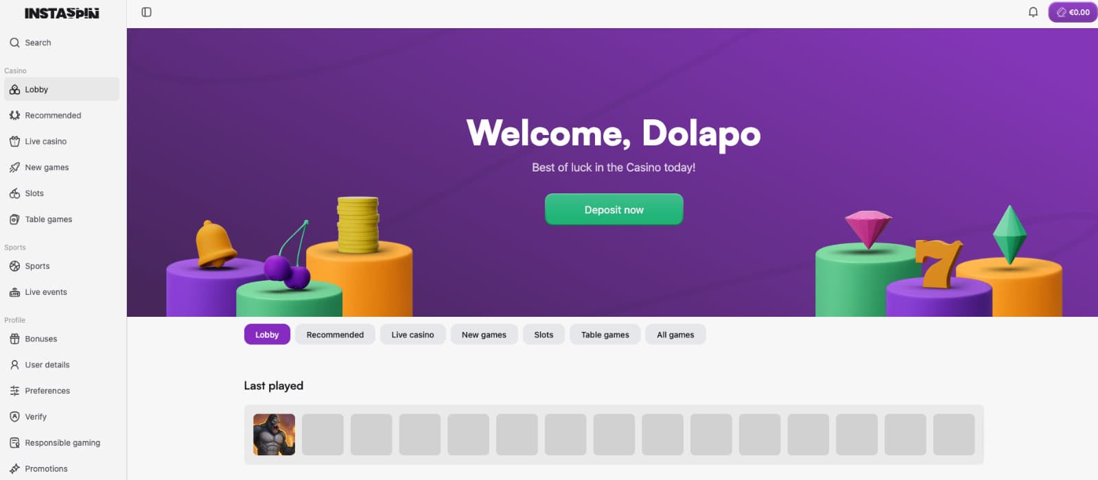 Instaspin Casino landing page showing a purple welcome banner, navigation menu, and casino categories.