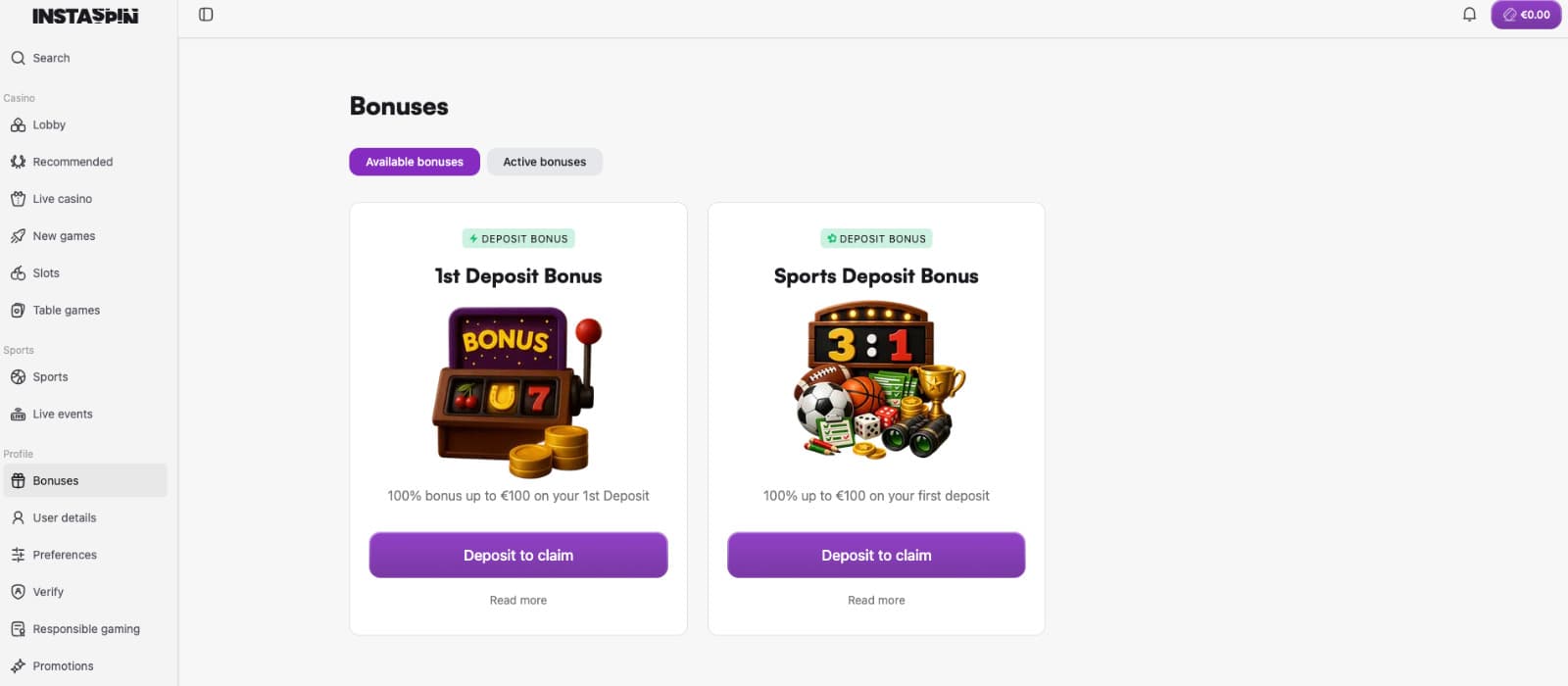 Instaspin Casino bonuses page showing casino and sports deposit offers.