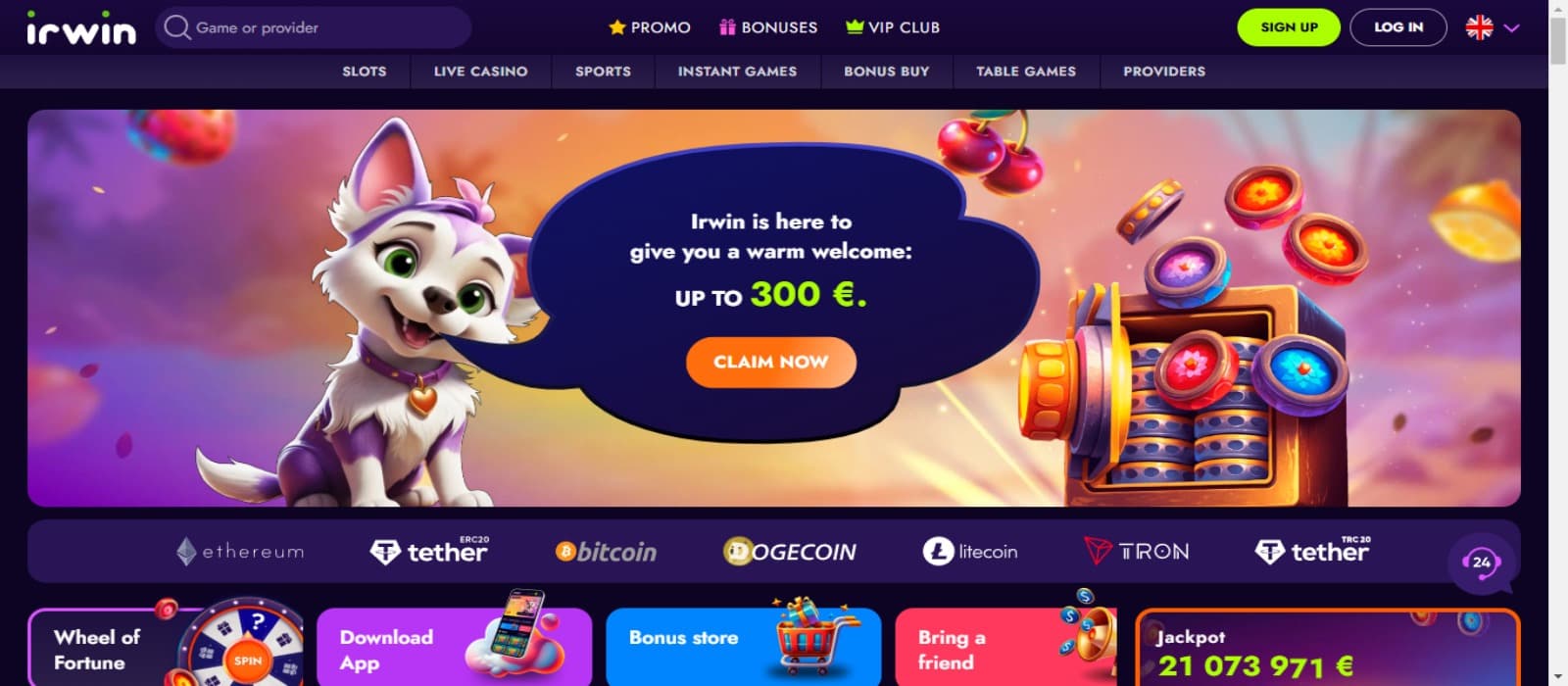Irwin Casino Landing page with the mascot cat seen in the welcome banner and top navigational panel and tournament categories below