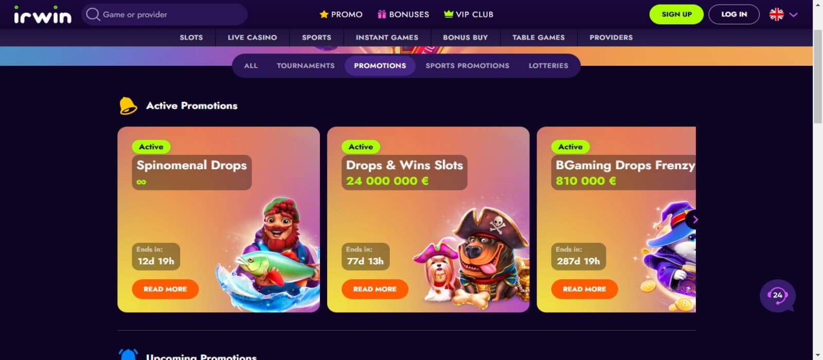 Irwin Casino promotions page with the various promotions banner and top navigational panel