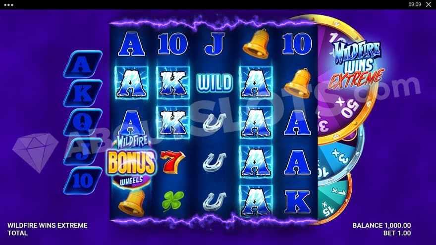 Five reels with five rows on a purple background.