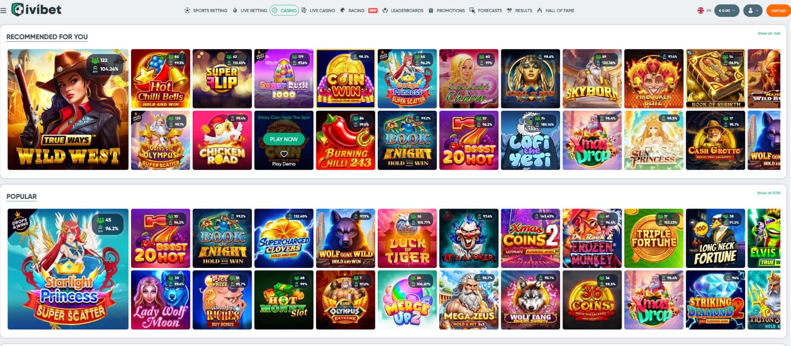 Ivibet casino games page showing recommended slots, popular titles, and category navigation in a grid layout.