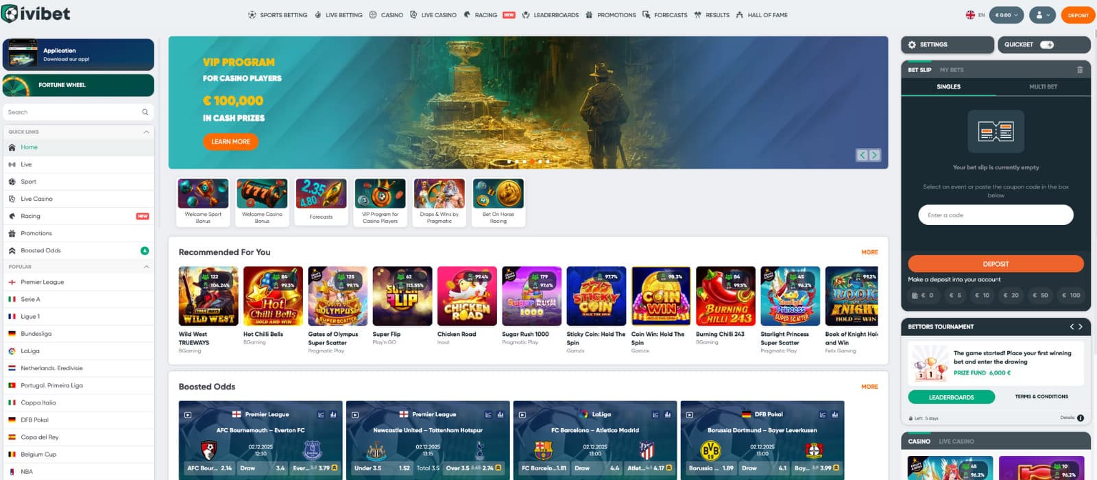 Ivibet landing page featuring navigation menus for sports, live betting, casino, and live casino, with recommended games and boosted odds sections.