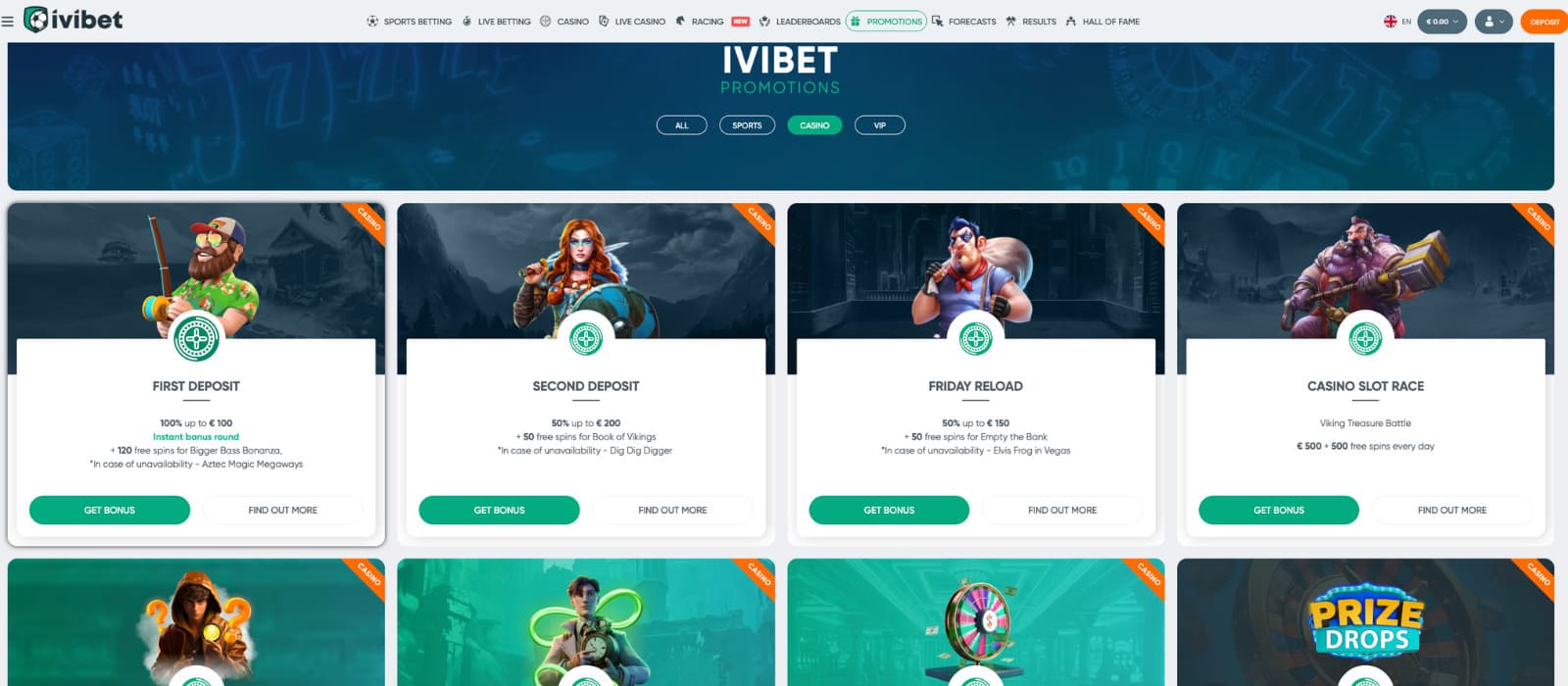 Ivibet promotions page displaying first deposit bonus, second deposit offer, Friday reload, slot races, and other casino bonuses.