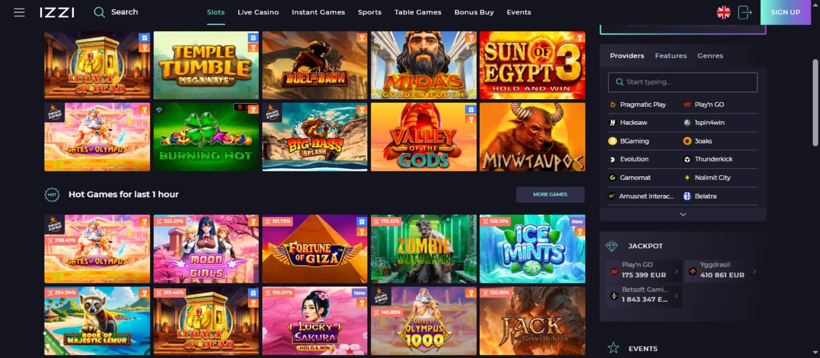 Izzi Casino games page with the colorful slot game icons divided under categories, top navigation menus and a search box beside to filter provider based games