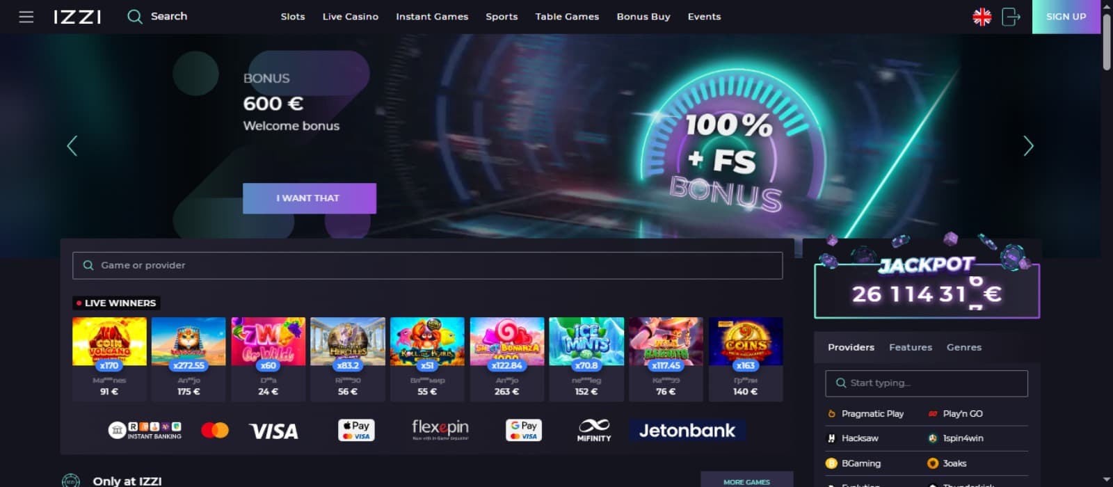 Izzi Casino landing page with the welcome bonus banner, game icons and provider search filters at the right