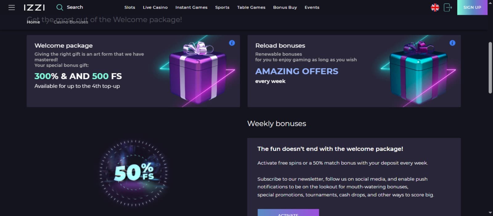 Izzi Casino Promotions page with the various bonus offer banners, their descriptions and top navigation menus