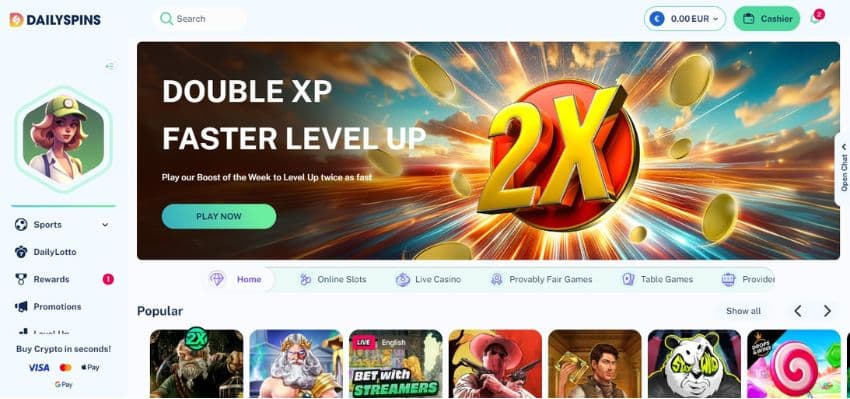 Dailyspins Casino’s home page displaying bonus reels, category tabs and popular games.