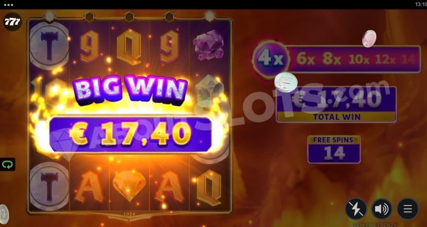 Free Spins bonus game with a big win taking place.