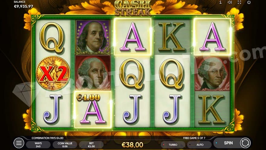 A win in the free spins with Q symbols on reels 1, 3, 4 and A symbols on reels 2, 3, and 5.