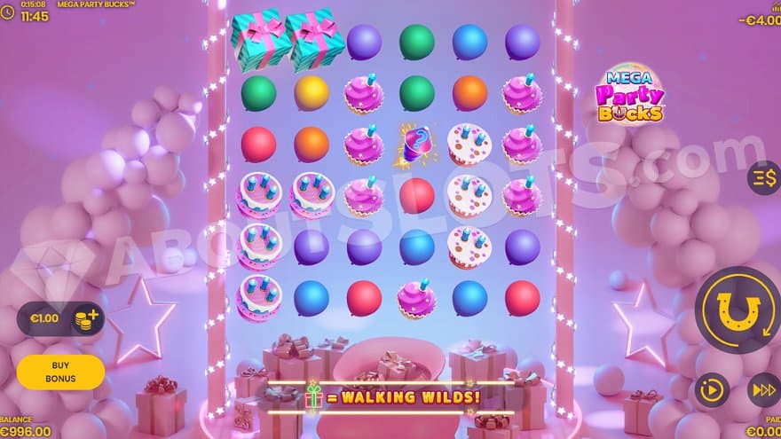 A casino slot with balloons and cakes on the reels. 