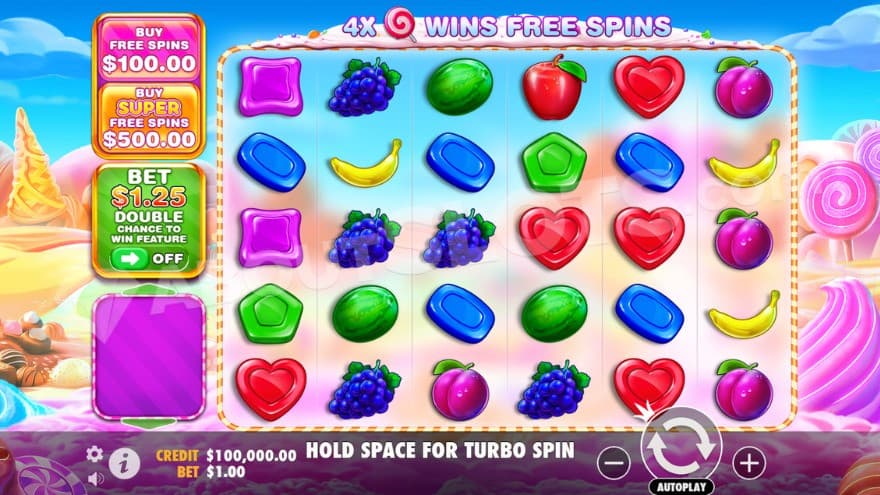 Base game with feature buy options on the left of the reels.