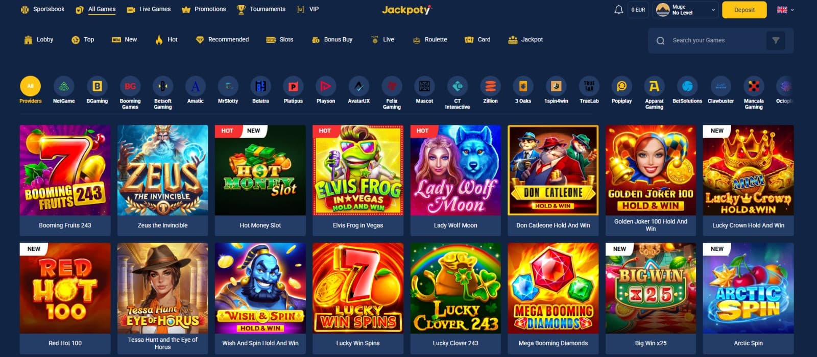 The games page of Jackpoty Casino presents a wide variety of casino games, such as slot games, table games, and more.