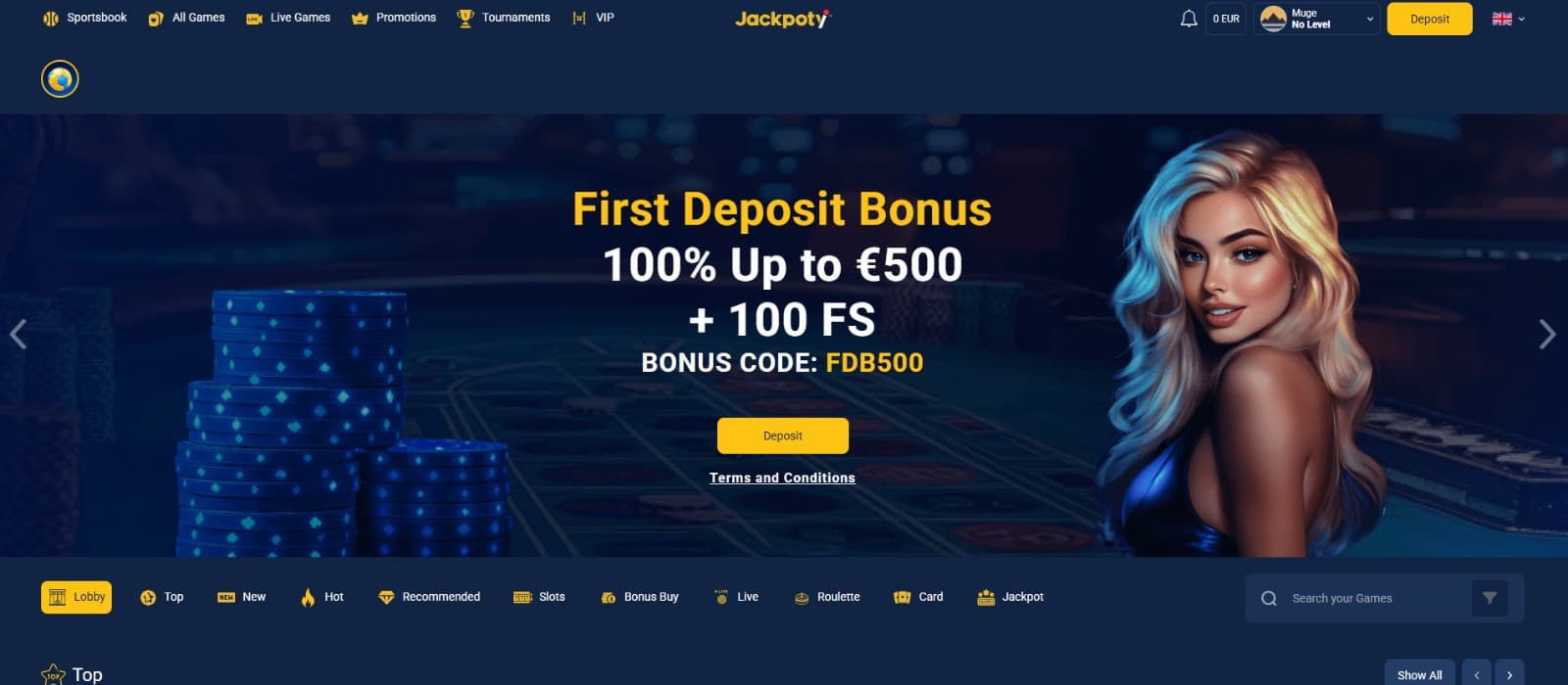 The landing page of Jackpoty Casino showcases the first deposit bonus of up to 500 euros and 100 freespins.