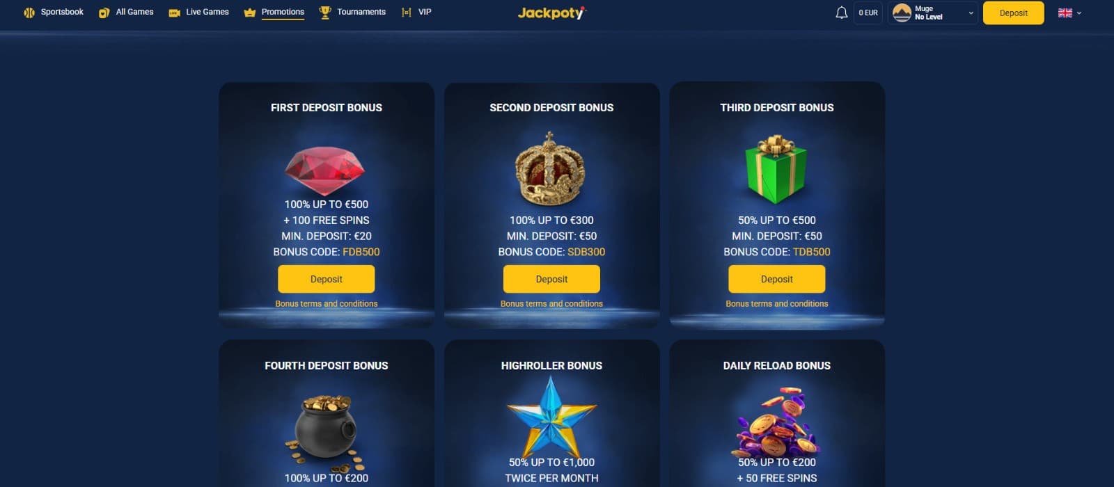 The promotions page of Jackpoty Casino displays a wide range of casino bonuses, such as the welcome package.