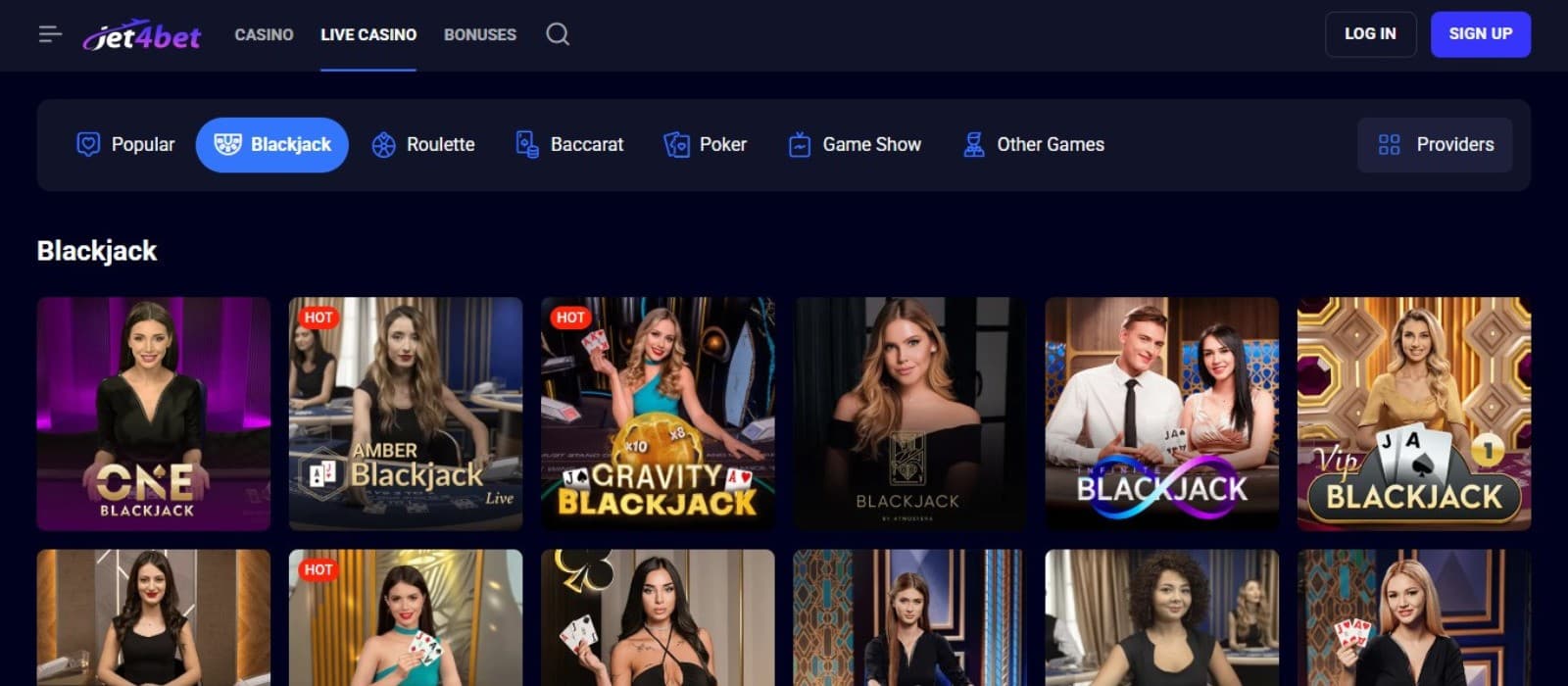 Jet4Bet Casino's live games section, showing variations of blackjack.