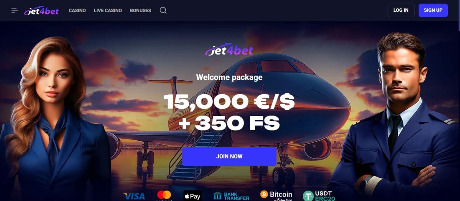 Jet4Bet Casino's homepage showing the welcome bonus flanked by game avatars.
