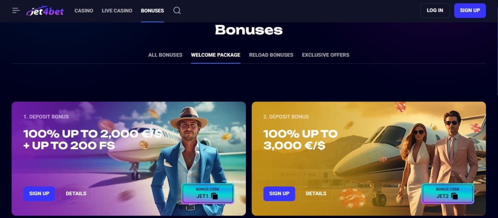 Jet4Bet Casino's promotions page, showing the first and second deposit bonuses.