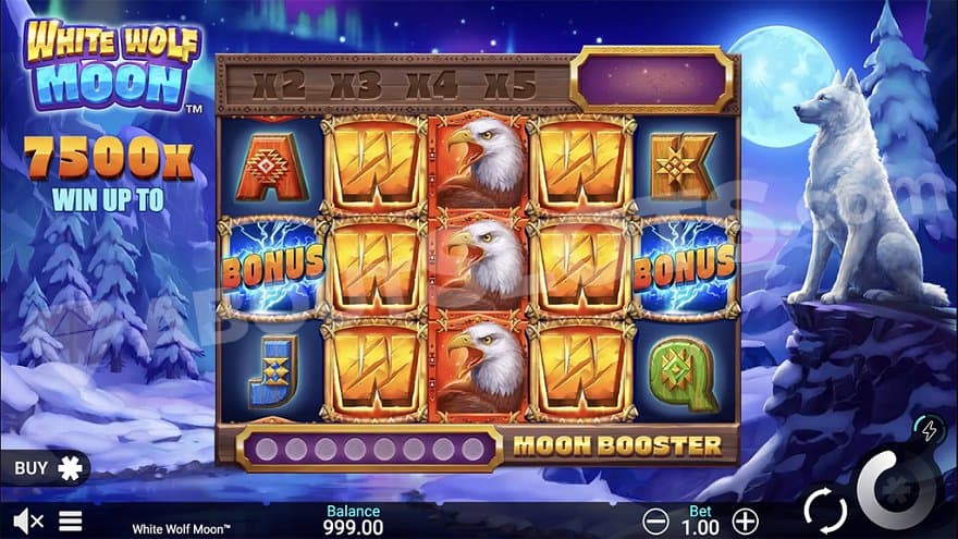 A casino slot in a winter landscape with a white wolf next to the reels.