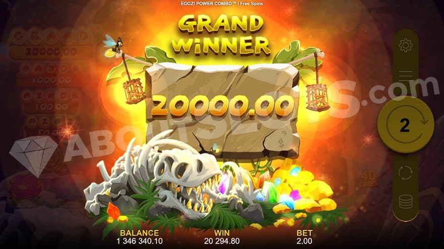 An animal skeleton and a text saying "Grand Winner 20000.00."