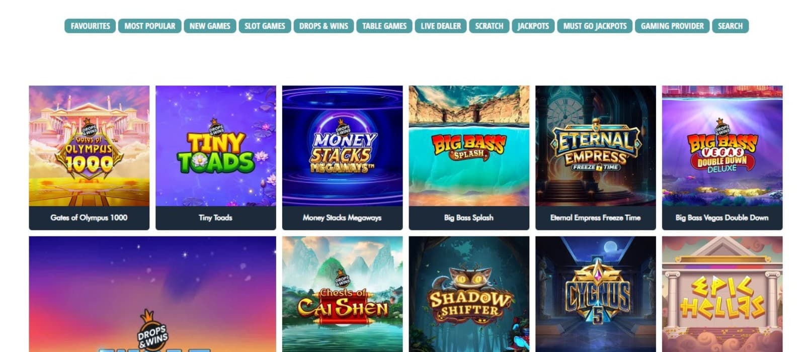 The games section of Jonny Jackpot Casino showcases a wide range of casino games, such as Gates of Olympus 1000, Tiny Toads, and more.