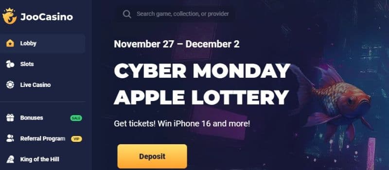 The homepage of JooCasino showcases the Cyber Monday Apple Lottery offered by the casino.