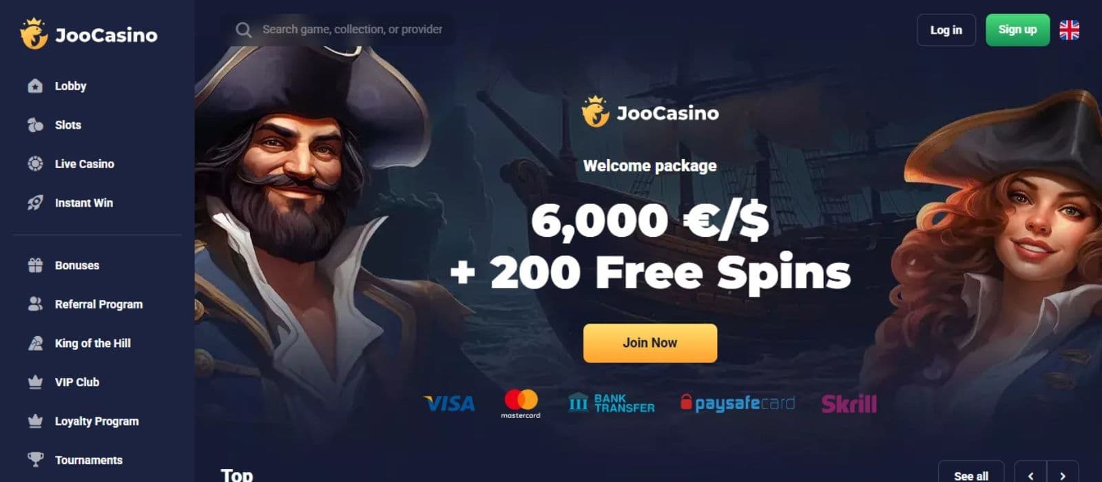 Joo Casino's homepage, showing the welcome bonus package worth €6,000 plus 200 free spins.