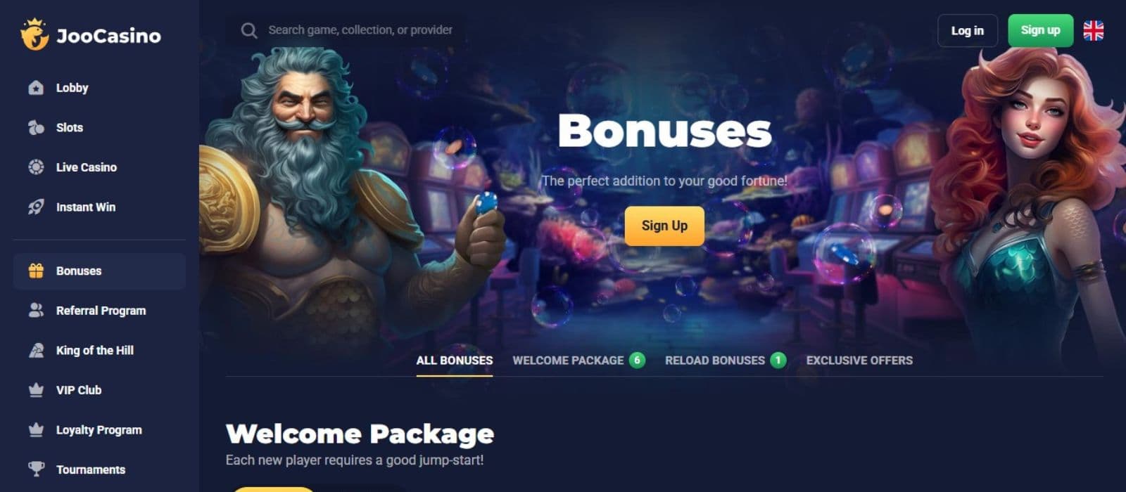 Joo Casino's bonus page, showing the tabs for welcome package, reload bonuses, and exclusive offers.