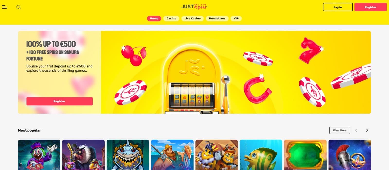 The landing page of Just Spin Casino presents the Sakura Fortune bonus.