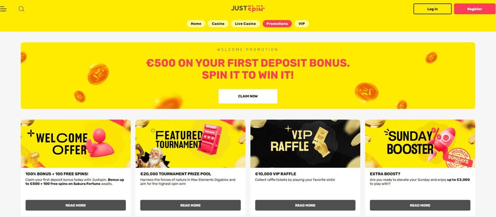 The promotions section of Just Spin Casino showcases the welcome offer and the Sunday Booster offer.