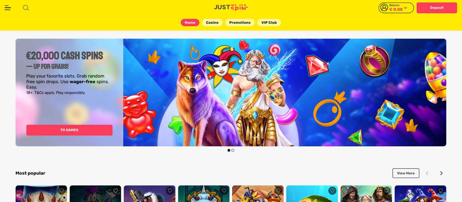 JustSpin Casino landing page featuring the €20,000 cash spins banner and a selection of popular slot games below.