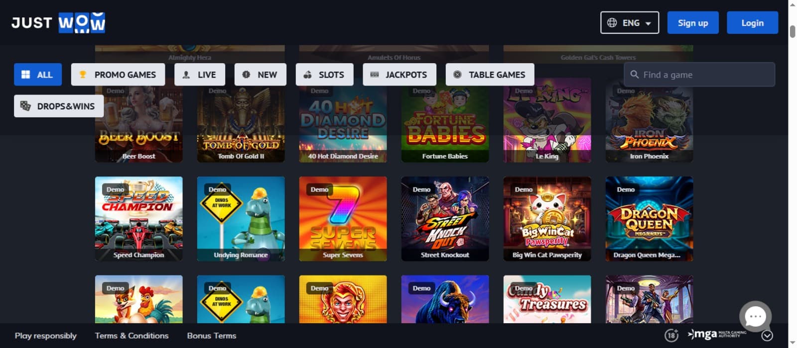 JustWOW Casino games page with the colorful slot game icons, game categories and game filter search box