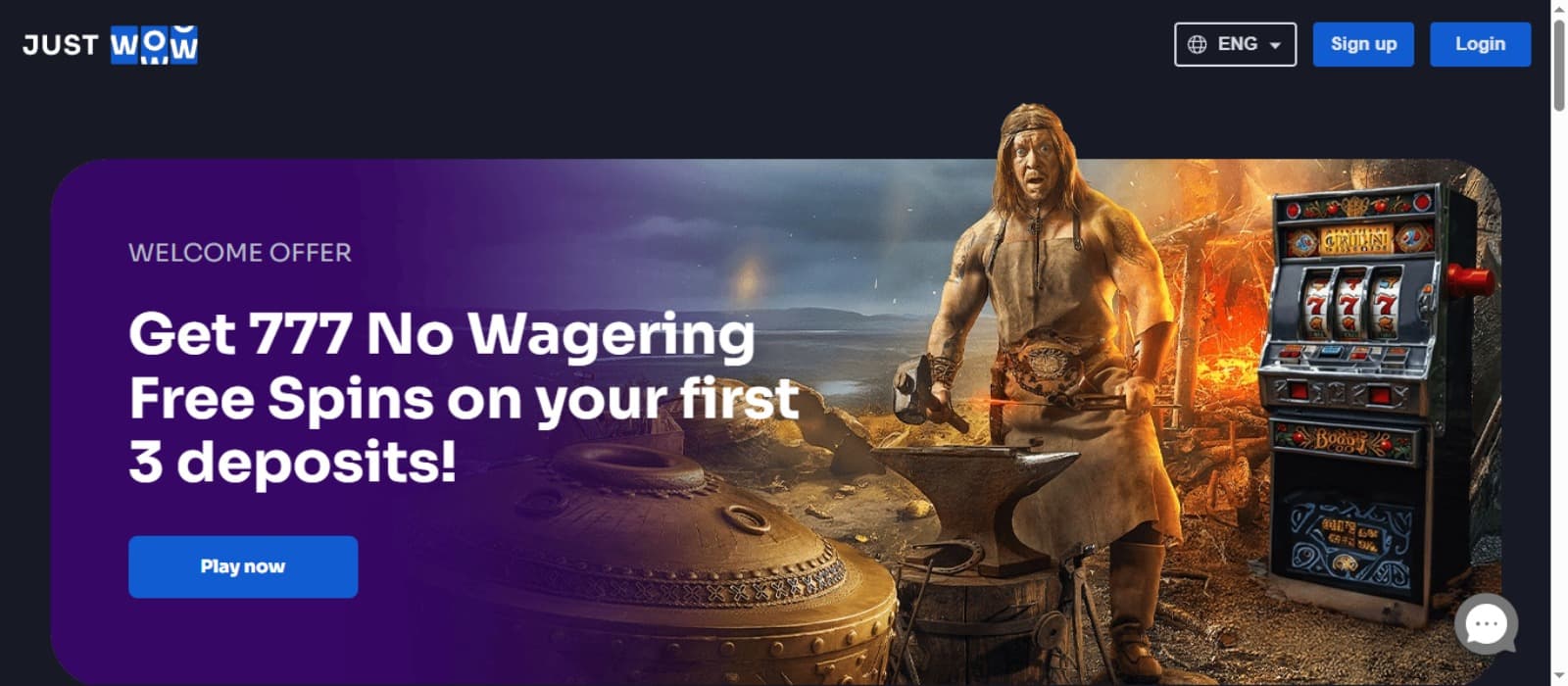 JustWOW Casino landing page with the welcome bonus offer banner on first three deposits and sigh in option at the top