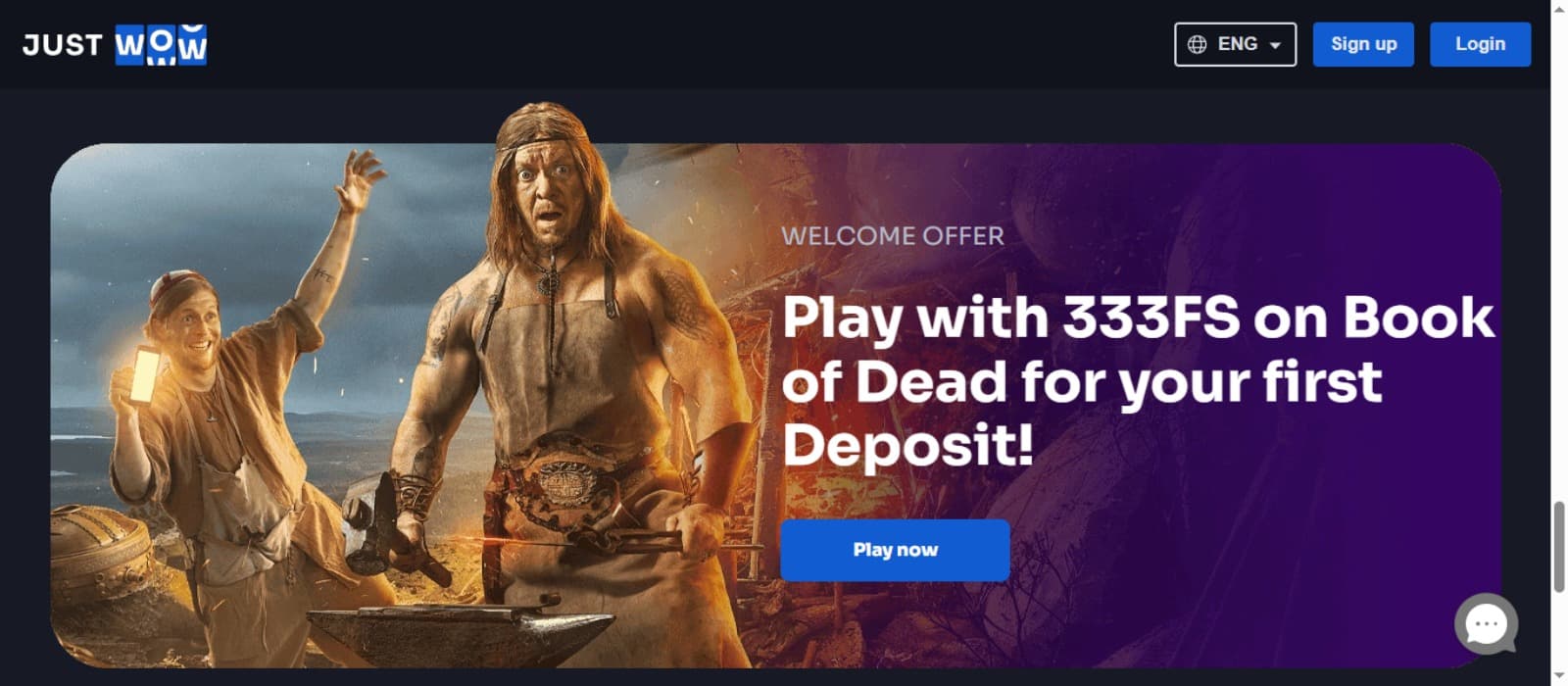 JustWOW Casino promotions page with the welcome bonus offer banner on first deposit and casio logo and sign in option at the top