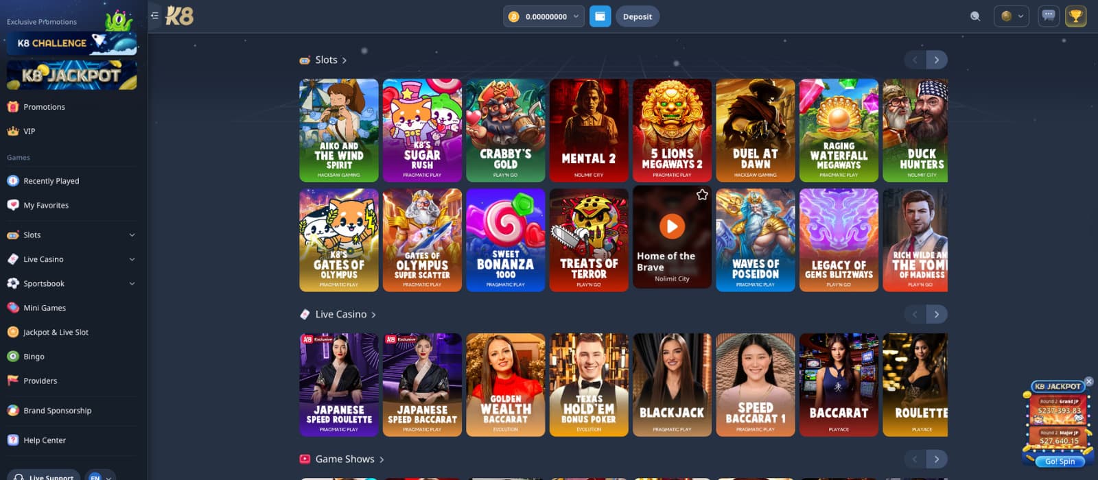 K8.io games page featuring slots like Sugar Rush, Sweet Bonanza, and Mental 2, plus live casino options such as roulette, baccarat, and blackjack.