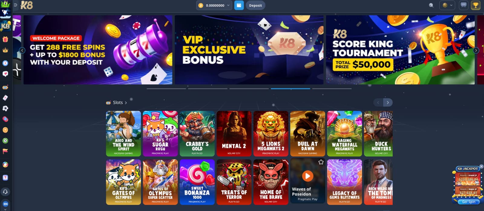 K8.io Casino landing page showing the welcome package banner with up to $1,800 bonus and 288 free spins, alongside featured promotions and tournaments.