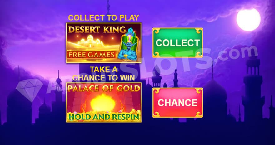Collect Desert King Free Games or gamble for Palace of Gold Hold and Respin.