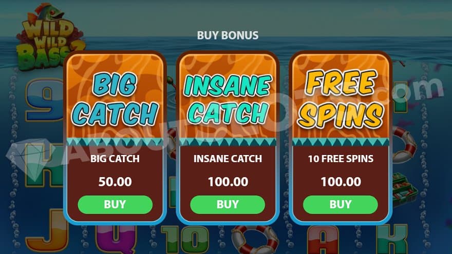 A screen offering the Big Catch for 50X the bet and the Insane Catch and Free Spins for 100X the bet.