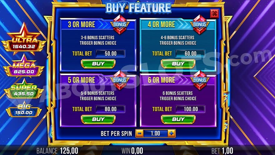 A menu where the player can purchase one of the bonus games for between 50X and 100X the bet. 