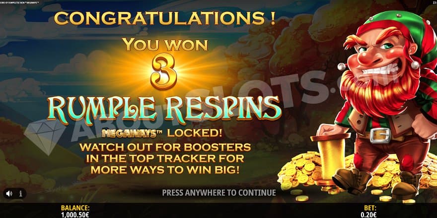 Rumpelstiltskin stands to the right of a text saying "congratulations, you won 3 Rumple Respins.