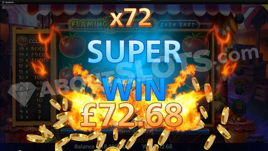 Fire flames and text saying "x72 Super Win."