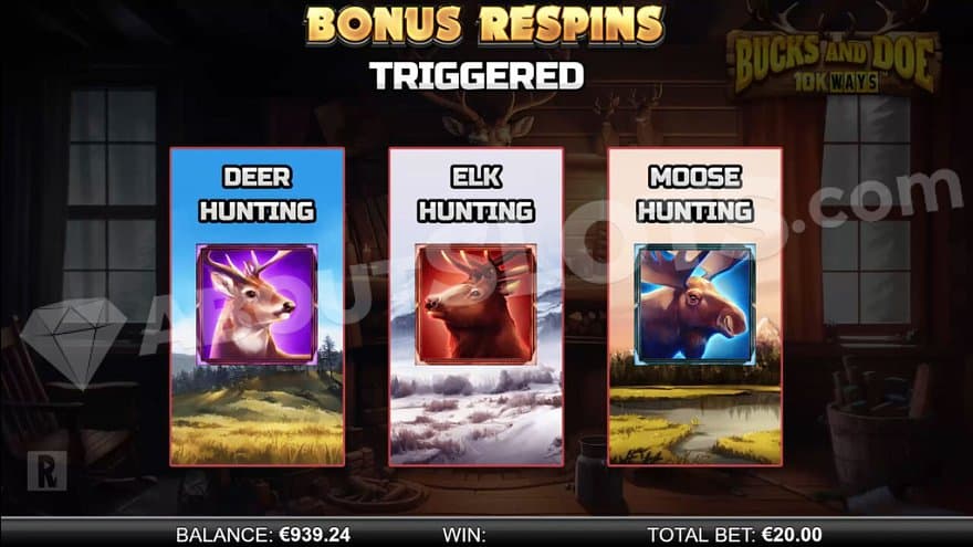 A text saying "Bonus Respins Triggered" and a picture of a deer, an elk, and a moose below.