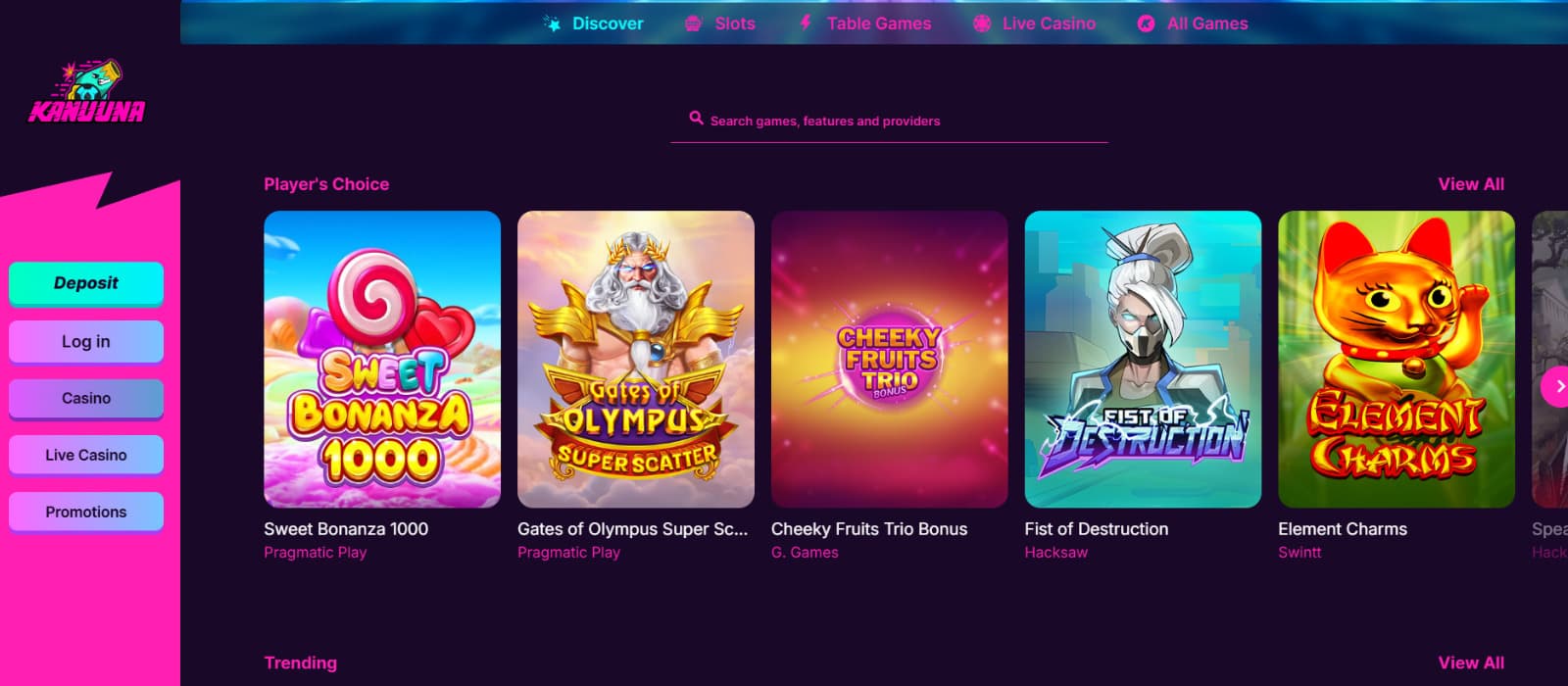 Kanuuna Casino games page displaying featured slot titles like Sweet Bonanza 1000, Gates of Olympus Super Scatter, and provider search tools