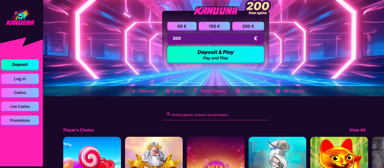 Kanuuna Casino landing page showing the Pay-N-Play deposit section, featured slot games, and neon-themed homepage design