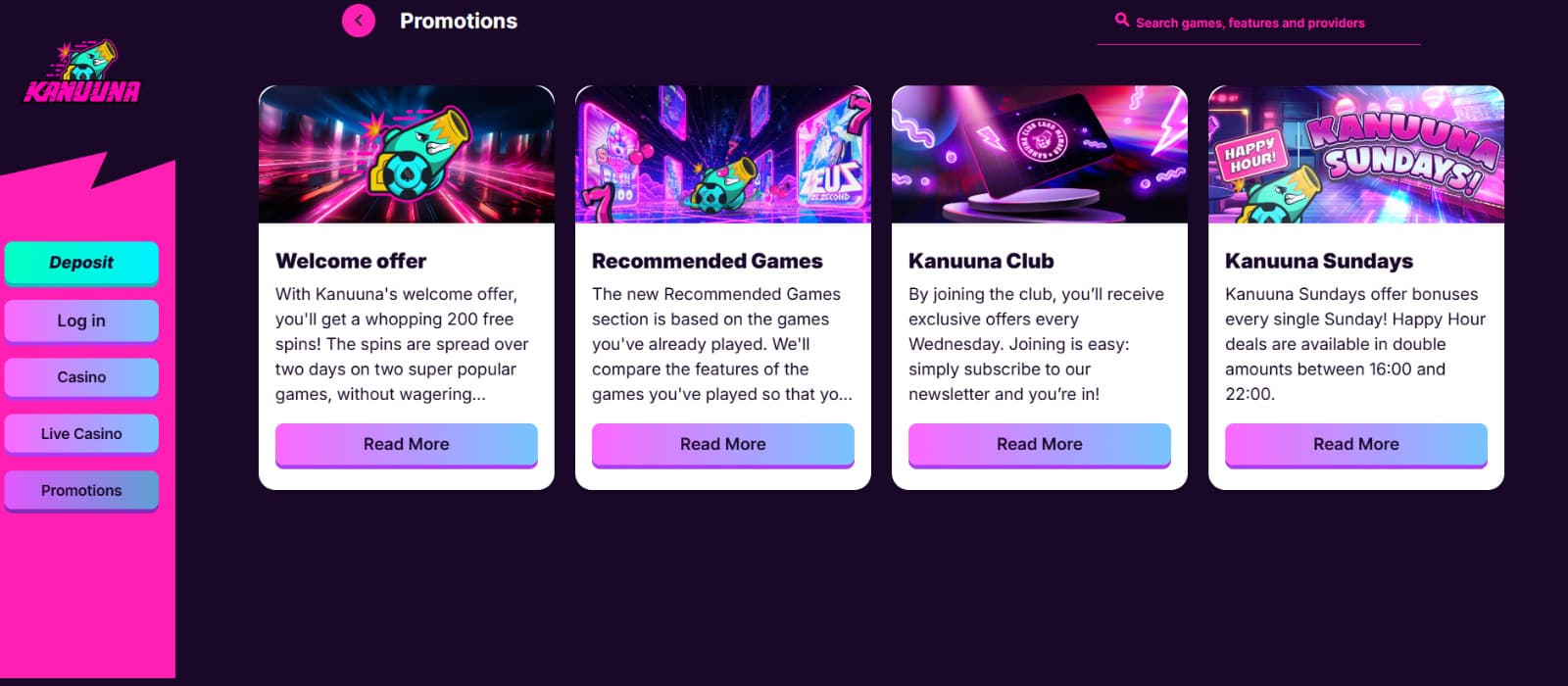 Kanuuna Casino promotions page highlighting the welcome offer, Kanuuna Club, recommended games, and Kanuuna Sundays bonus