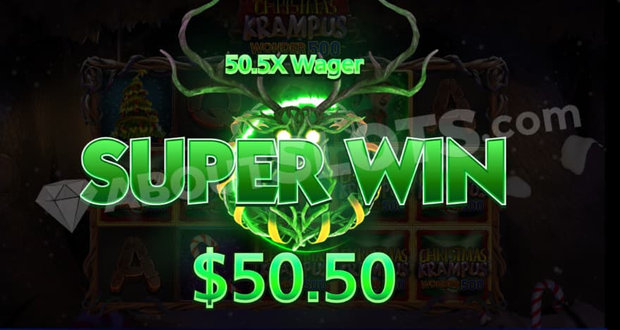 A super win screen appearing showing a total win of 50.5X the bet.