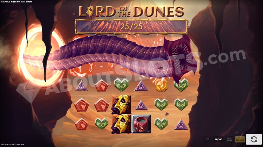 Defends of the Dune being active, with a giant sand snake passing the reels.
