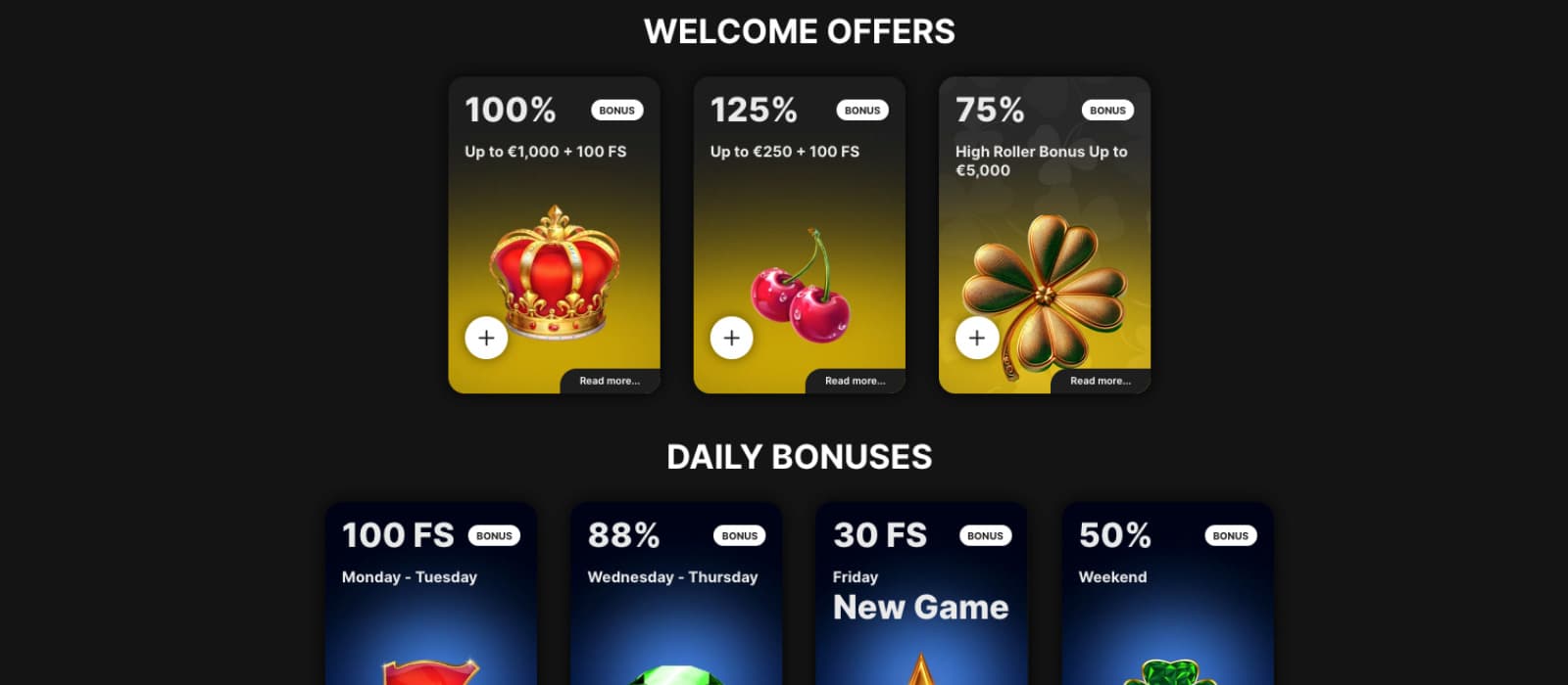Promotions page showcasing Kingamo Casino’s welcome offers including 100% up to €1,000 + 100 free spins, 125% up to €250 + 100 free spins, and a 75% high roller bonus up to €5,000.